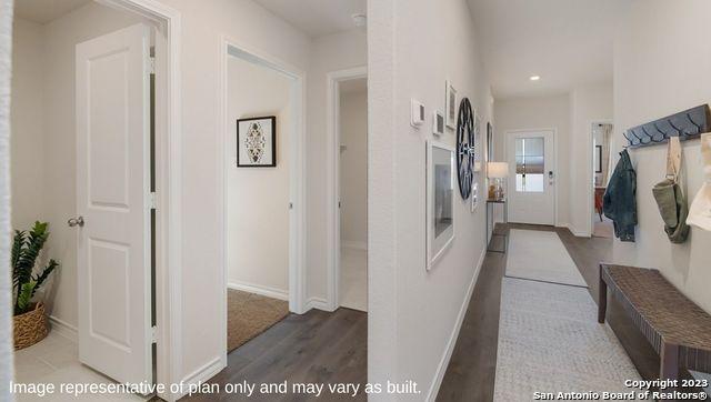 hallway with dark hardwood / wood-style flooring