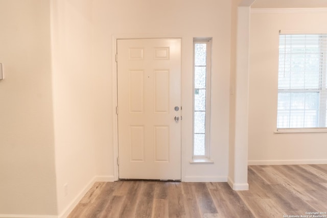 entrance foyer featuring ornamental molding and wood-type flooring