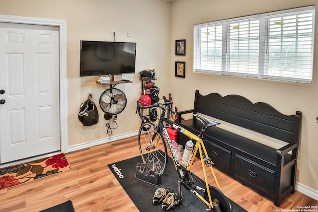 workout area featuring hardwood / wood-style flooring