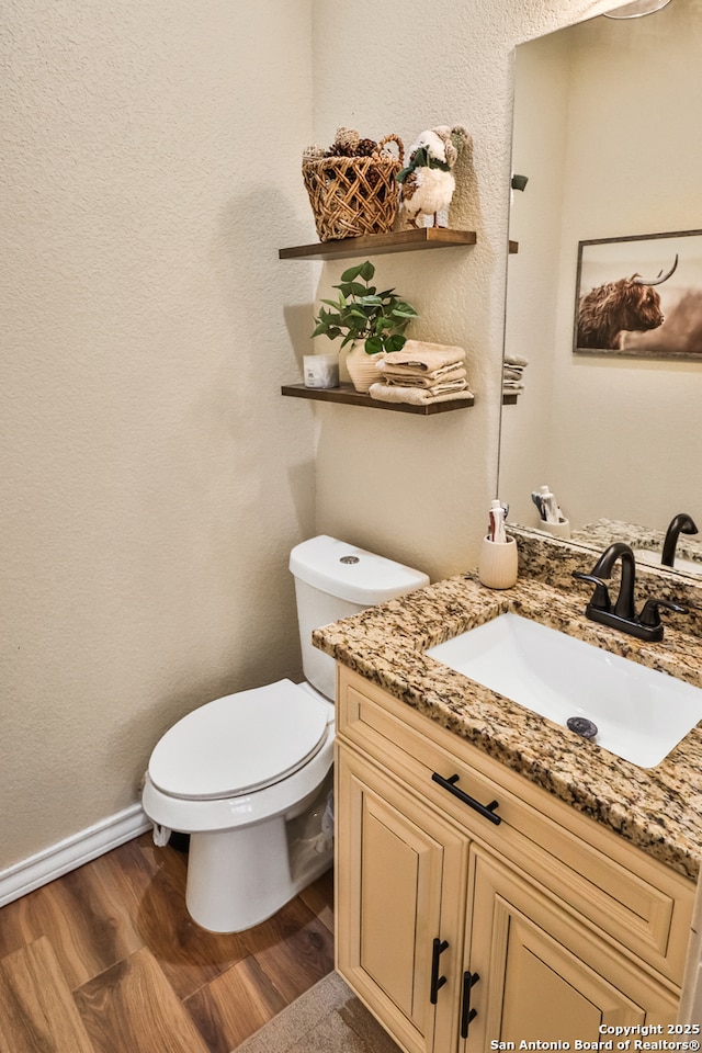 bathroom with vanity, wood-type flooring, and toilet