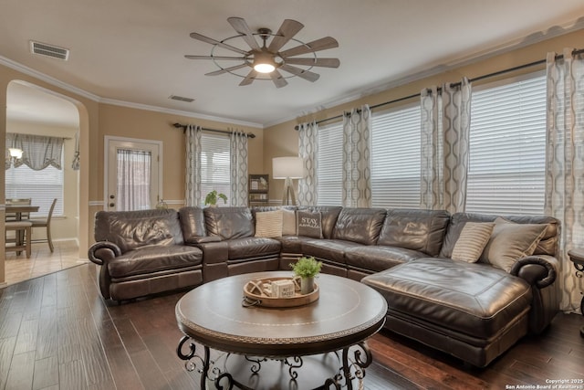 living room featuring dark wood-type flooring, ceiling fan, and ornamental molding