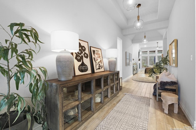 hallway with light hardwood / wood-style floors and a tray ceiling