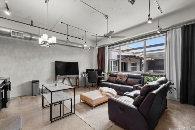 living room featuring ceiling fan