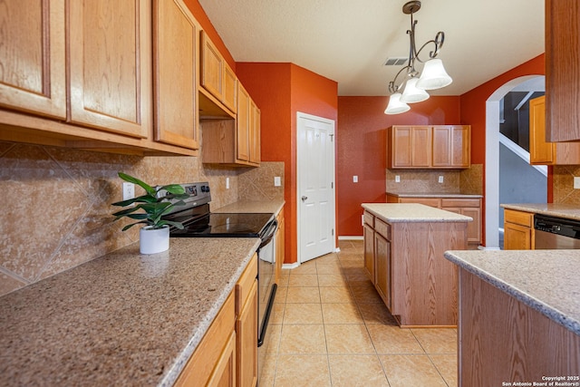 kitchen with light tile patterned floors, black electric range oven, a center island, decorative light fixtures, and stainless steel dishwasher