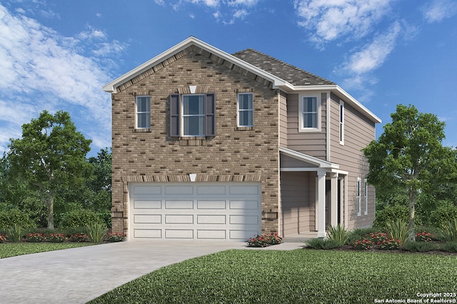 view of front of property with a garage and a front lawn