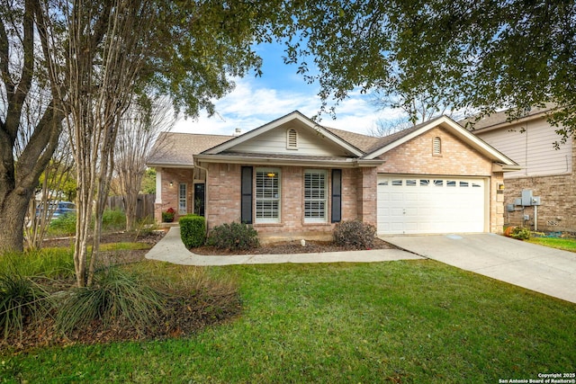 ranch-style house with a garage and a front lawn