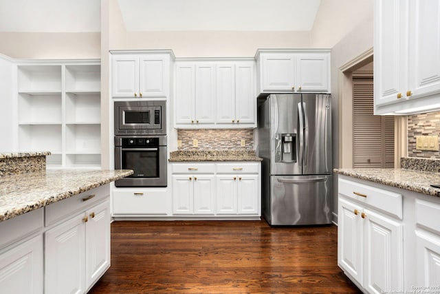 kitchen featuring dark wood-style floors, open shelves, appliances with stainless steel finishes, and white cabinetry