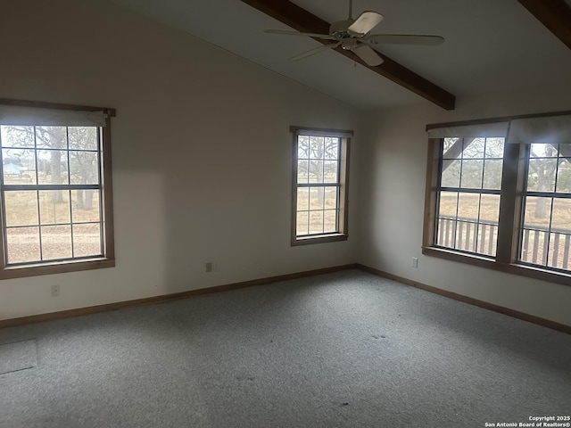 spare room featuring carpet floors, lofted ceiling with beams, and ceiling fan