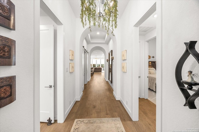 hall featuring a raised ceiling and light hardwood / wood-style flooring