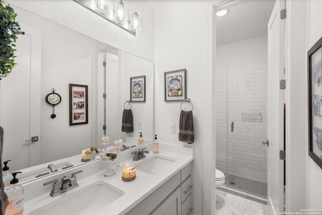 bathroom featuring vanity, toilet, and a shower with shower door