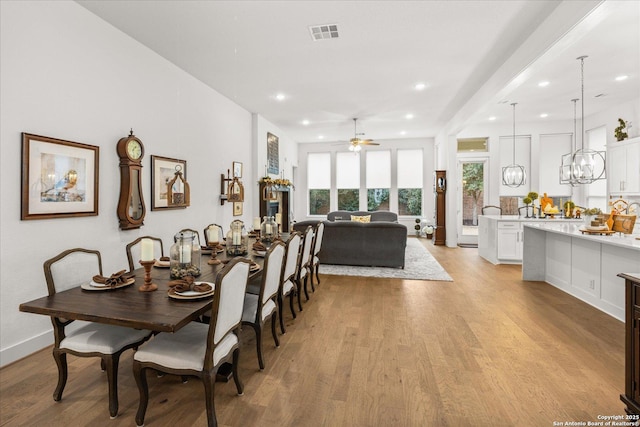 dining room featuring ceiling fan with notable chandelier and light wood-type flooring