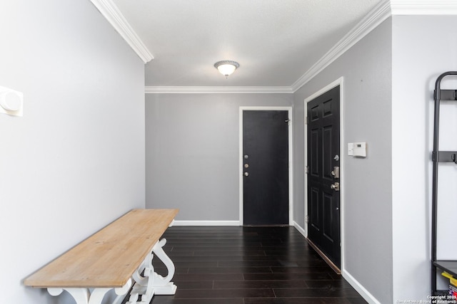 entryway featuring dark wood-type flooring and ornamental molding