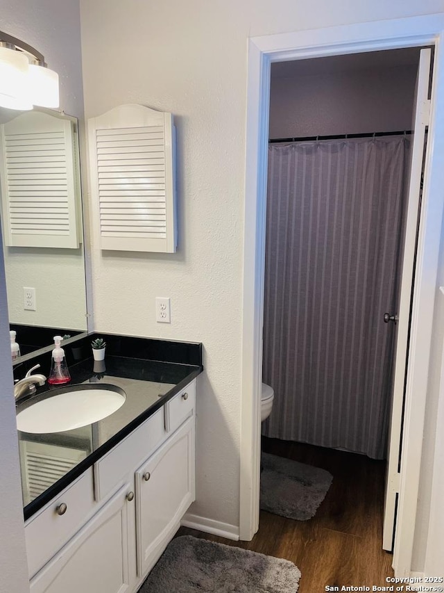 bathroom with vanity, hardwood / wood-style flooring, and toilet