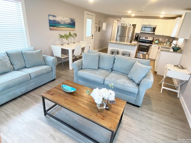 living room featuring sink and light hardwood / wood-style floors