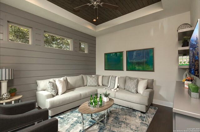 living room with wood ceiling, wood walls, a tray ceiling, and hardwood / wood-style flooring