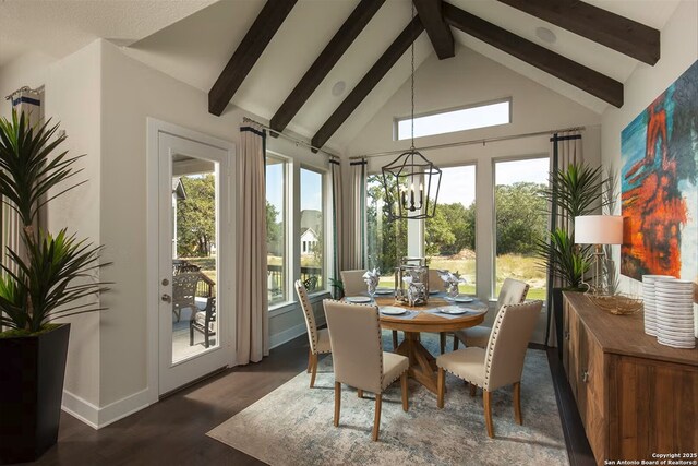 sunroom / solarium with lofted ceiling with beams and a notable chandelier