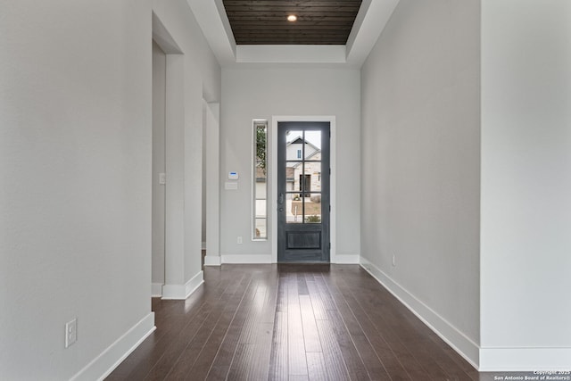 entrance foyer with dark hardwood / wood-style floors and a raised ceiling