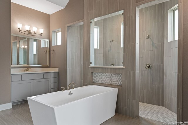 bathroom with vanity, wood-type flooring, and independent shower and bath