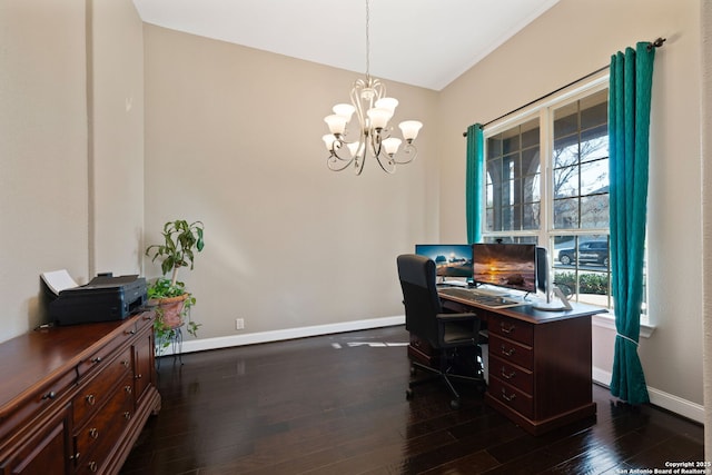 office space with an inviting chandelier, baseboards, and dark wood-style flooring