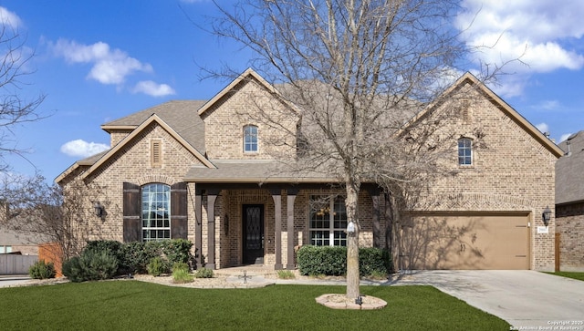 french country inspired facade featuring an attached garage, brick siding, concrete driveway, roof with shingles, and a front yard