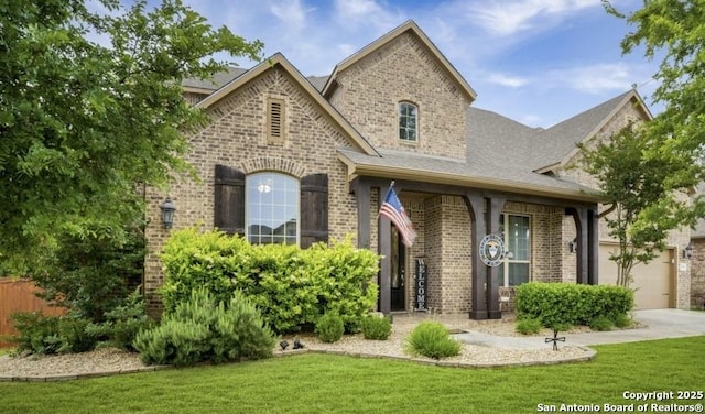 french country style house featuring driveway, a front lawn, and brick siding