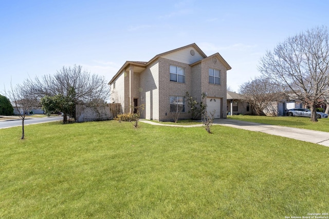 front facade with a garage and a front lawn