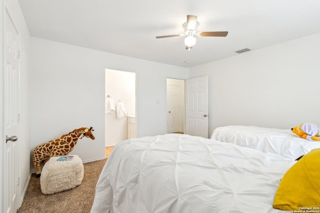 bedroom with a ceiling fan, baseboards, visible vents, and carpet flooring