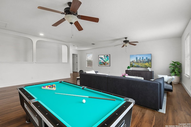 game room with pool table and dark wood-type flooring