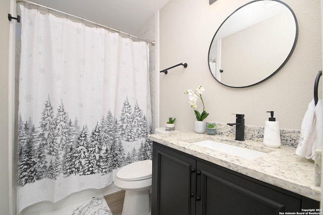 bathroom featuring vanity, wood-type flooring, and toilet