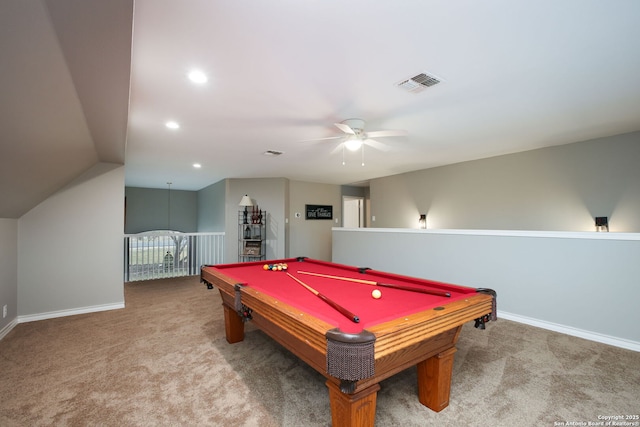 game room with ceiling fan, pool table, carpet flooring, and vaulted ceiling