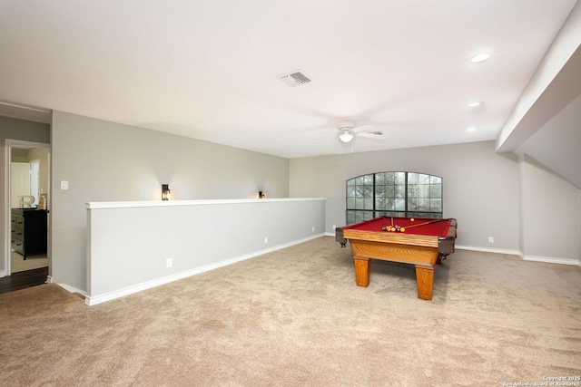 rec room featuring billiards, light colored carpet, and ceiling fan