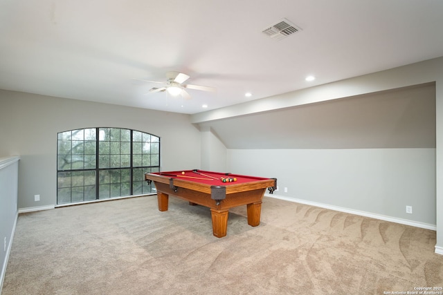 recreation room with lofted ceiling, light colored carpet, ceiling fan, and billiards