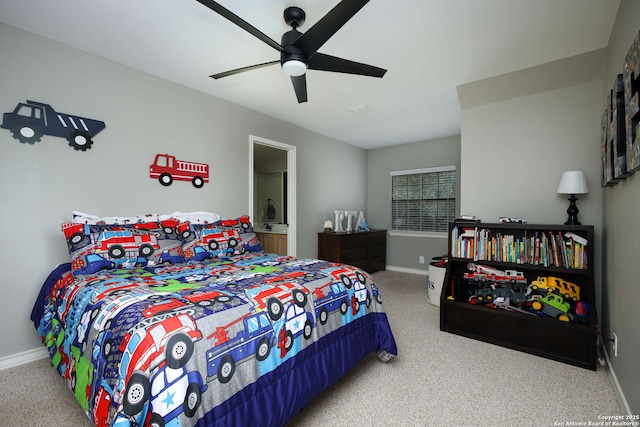 carpeted bedroom with ceiling fan