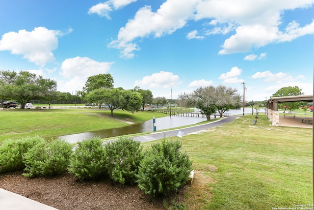 view of community with a water view and a lawn