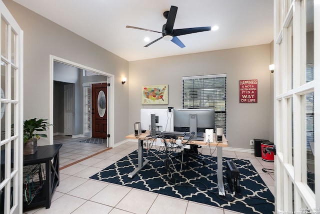 home office with french doors, ceiling fan, and tile patterned flooring