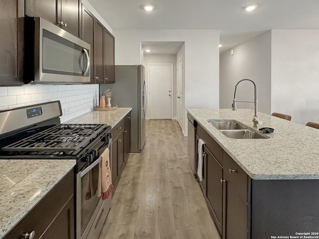 kitchen with sink, light hardwood / wood-style flooring, stainless steel appliances, a kitchen island with sink, and decorative backsplash