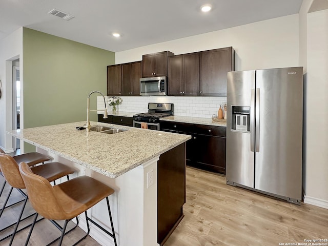 kitchen with sink, a breakfast bar area, dark brown cabinets, appliances with stainless steel finishes, and an island with sink