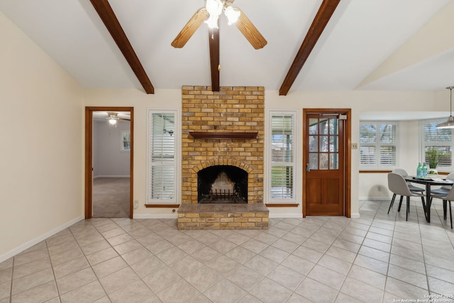 unfurnished living room featuring light tile patterned floors, a fireplace, lofted ceiling with beams, and ceiling fan