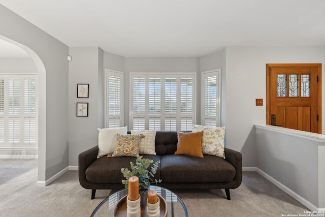 living room with a healthy amount of sunlight and light colored carpet