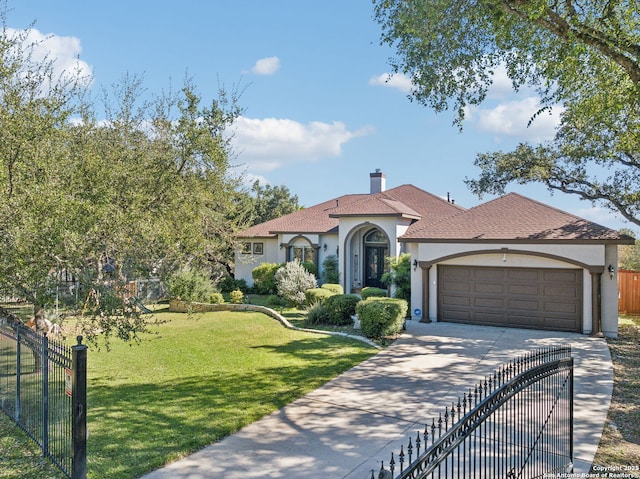 mediterranean / spanish house with a garage and a front yard