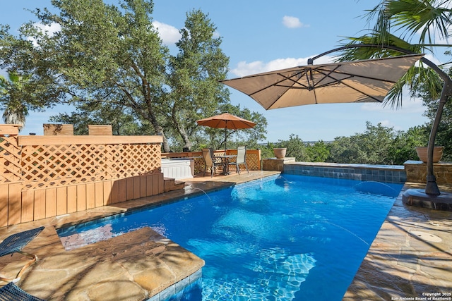 view of swimming pool with pool water feature