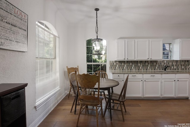 dining area with dark wood-type flooring and sink