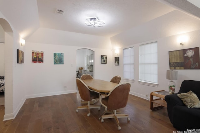 dining space featuring lofted ceiling and dark wood-type flooring