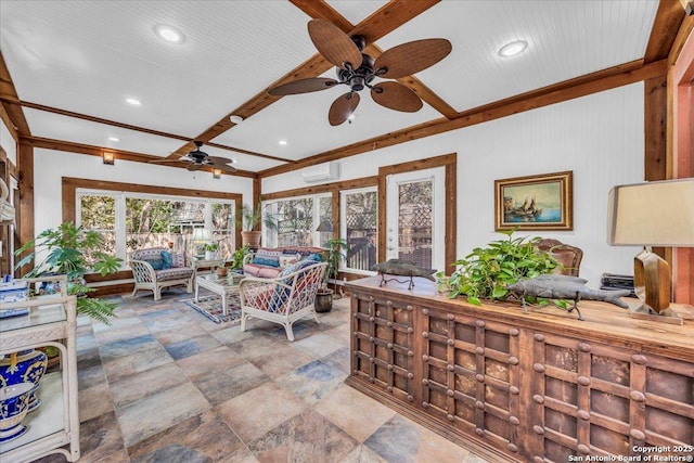 sunroom with ceiling fan, beamed ceiling, and a wall mounted AC