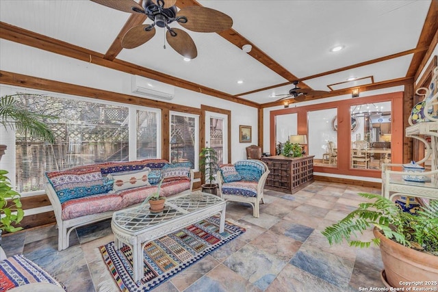 sunroom / solarium with ceiling fan, a wall mounted air conditioner, and beam ceiling