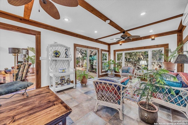 living room featuring beam ceiling and ceiling fan