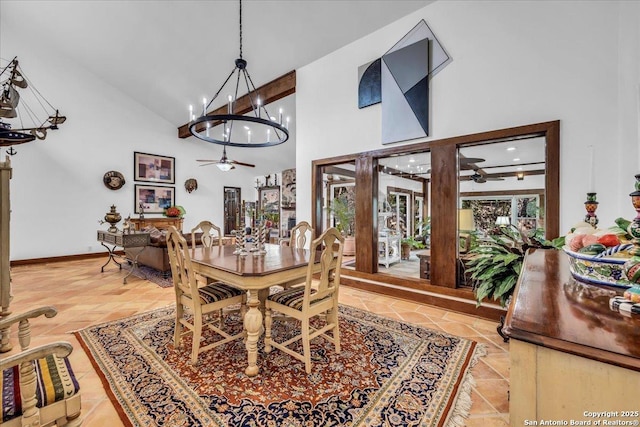 dining area featuring ceiling fan with notable chandelier, high vaulted ceiling, and light tile patterned floors