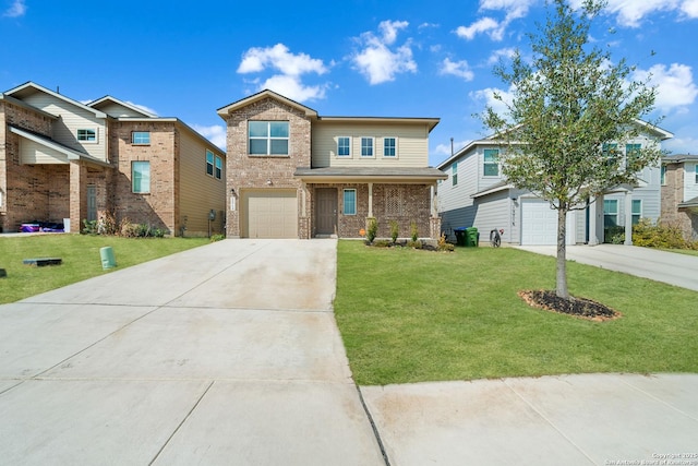 view of front of property featuring a garage and a front lawn