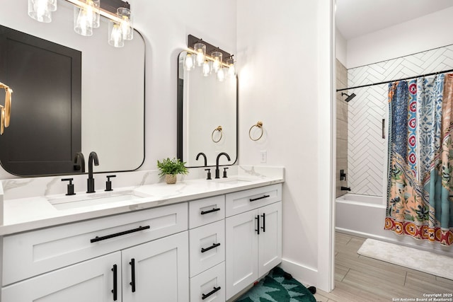 bathroom with vanity and shower / bath combination with curtain