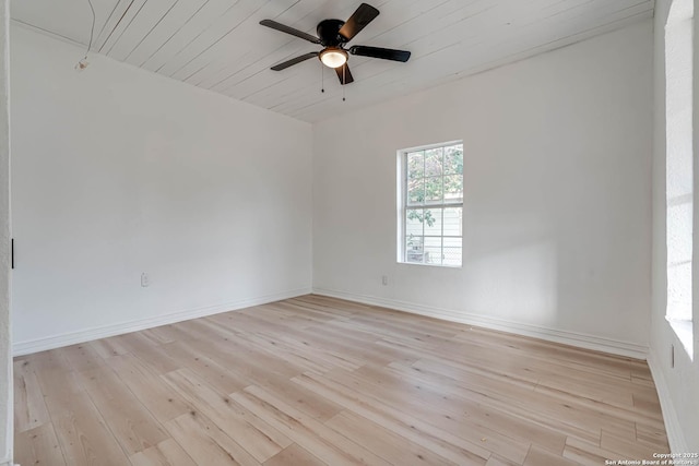 unfurnished room with wood ceiling, ceiling fan, and light wood-type flooring